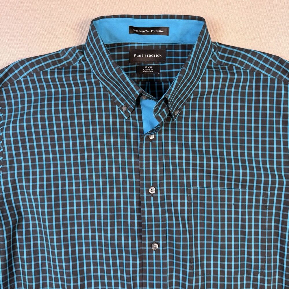 Paul Frederick Dress Shirt 17 x 36 Black  Hot Blue Plaid Non-Iron Cotton Classic